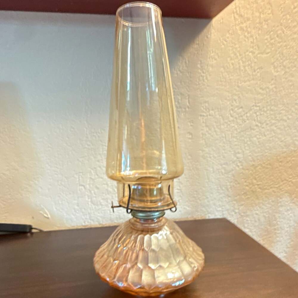 Vintage Amber Faceted Glass Oil Lamp Clear Chimney Hurricane Lamp 10" USA